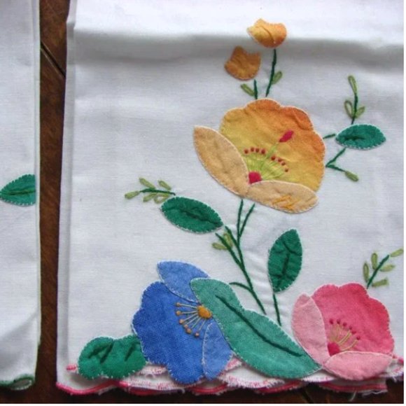 Vintage Flower Floral Applique Cotton Napkins Set of 2 - Picture 3 of 7